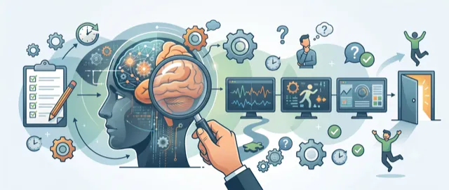 Illustration eines diagnostischen Ablaufs: Gehirn mit Lupe, Monitore mit Messdaten und eine Person, die freudig durch eine offene Tür geht.