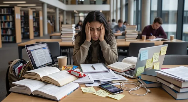 Eine überforderte Studierende sitzt zwischen offenen Büchern und einem Laptop, während der Semesterplan unerledigt bleibt.