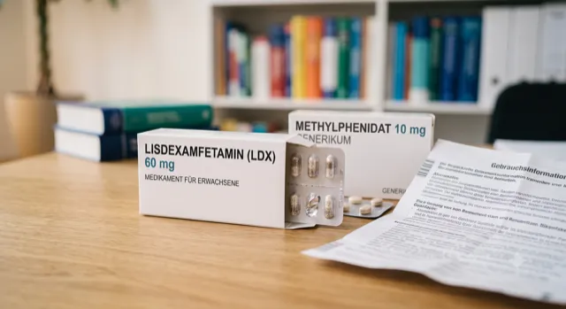 Verschiedene Medikamentenpackungen und ein ärztliches Rezept auf einem Schreibtisch, symbolisch für die medikamentöse ADHS-Behandlung.