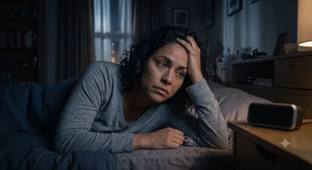 Eine Person liegt wach im Bett und blickt zur Decke, während durch das Fenster Mondlicht fällt und der Wecker früh blinkt.