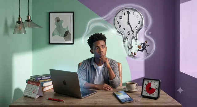 Ein junger Mann sitzt nachdenklich am Schreibtisch, über ihm eine schmelzende Uhr und ein visueller Timer als Sinnbild für verzerrte Zeitwahrnehmung.