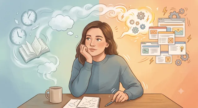 Illustration einer nachdenklichen Frau am Schreibtisch, geteilt in eine ruhige und eine von digitalen Ablenkungen überladene Seite.