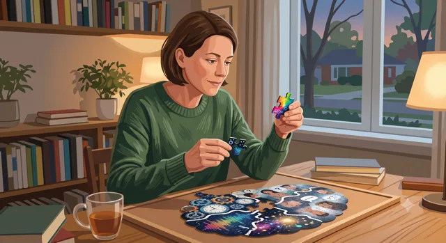 Illustration einer Frau, die zuhause ein Puzzle in Gehirnform zusammensetzt, dessen Teile Uhren, Schallwellen und Gesichter zeigen, als Sinnbild für die Selbsterkenntnis bei Autismus im Erwachsenenalter.