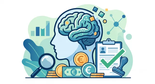 Illustration eines Kopfprofils mit Gehirn, umgeben von Symbolen für Diagnostik, Euro-Münzen und einem Klemmbrett mit Häkchen.