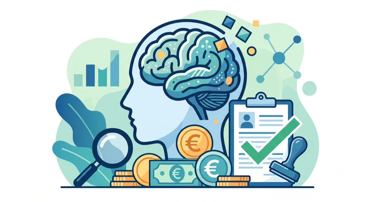Illustration eines Kopfprofils mit Gehirn, umgeben von Symbolen für Diagnostik, Euro-Münzen und einem Klemmbrett mit Häkchen.