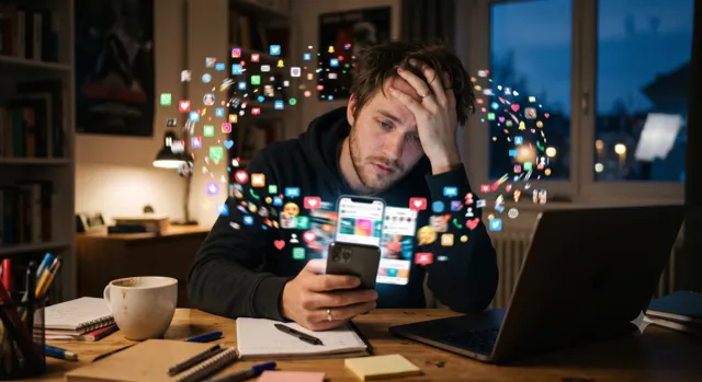 Eine Person scrollt auf dem Smartphone, während um sie herum viele kleine Bildschirme und Benachrichtigungssymbole schweben.
