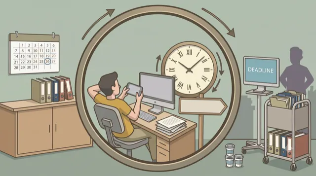 Ein Kalender mit vielen überfälligen Aufgaben und eine Person, die stattdessen am Smartphone sitzt.