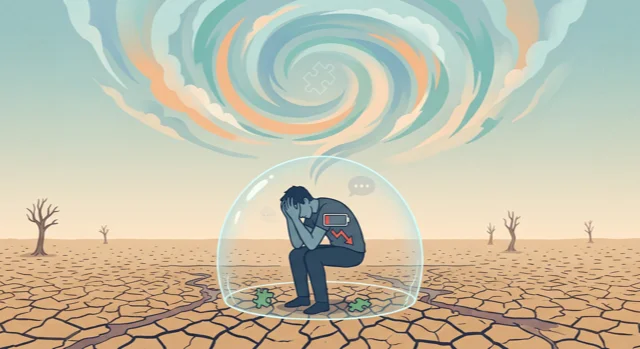 Illustration einer erschöpften Person in einer Schutzblase inmitten einer ausgetrockneten, rissigen Landschaft, über der sich ein wirbelnder Sturm aus Sinneseindrücken mit einem Puzzleteil-Symbol zusammenzieht, als Sinnbild für Reizüberflutung und autistischen Burnout.