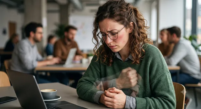 Eine Person mit Brille und grünem Pullover sitzt am Arbeitsplatz mit Laptop und konzentriert sich auf ihre Arbeit, während andere Kollegen im Hintergrund unscharf zu sehen sind.