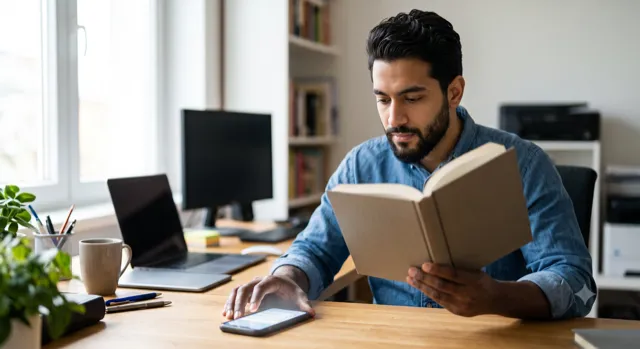 Eine Person versucht ein Buch zu lesen, während das Smartphone auf dem Tisch blinkt und die Aufmerksamkeit ablenkt.