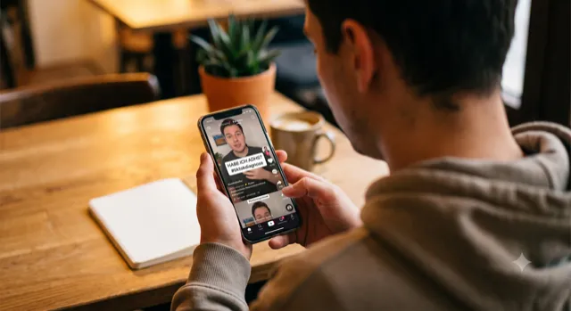 Eine Person scrollt auf dem Smartphone durch Social-Media-Videos, während im Hintergrund weitere Bildschirme ADHS-Inhalte zeigen.
