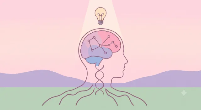 Illustration eines Kopfes mit einem Gehirn aus vernetzten Punkten, einer Glühbirne darüber und einer DNA-Doppelhelix, die als Wurzeln in den Boden reicht, als Sinnbild für die neurobiologischen und genetischen Grundlagen von ADHS.